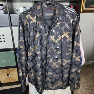 SUSLO COUTURE Black & Gold Wrinkle Free Button Down Dress Shirt M